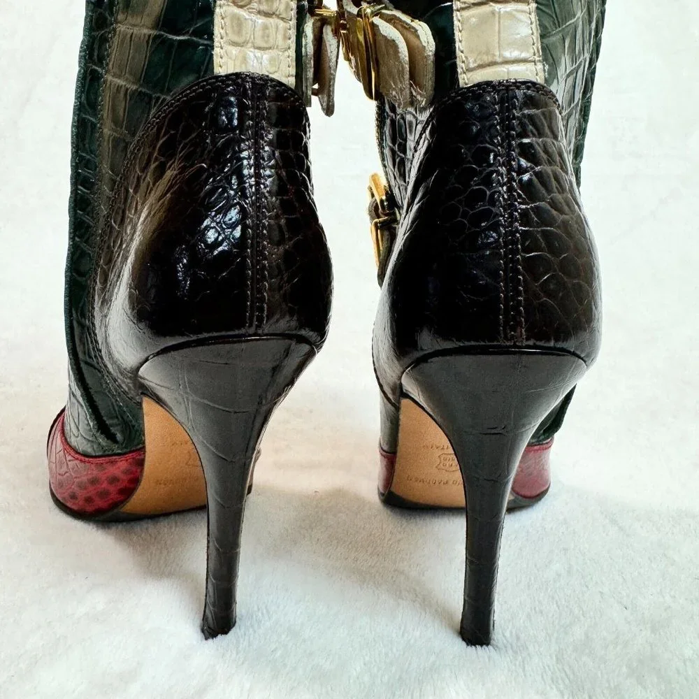 Luciano Padovan Womens Boots High Heel Shoes Red & Green Crocodile Italy Size 36 - Picture 13 of 16